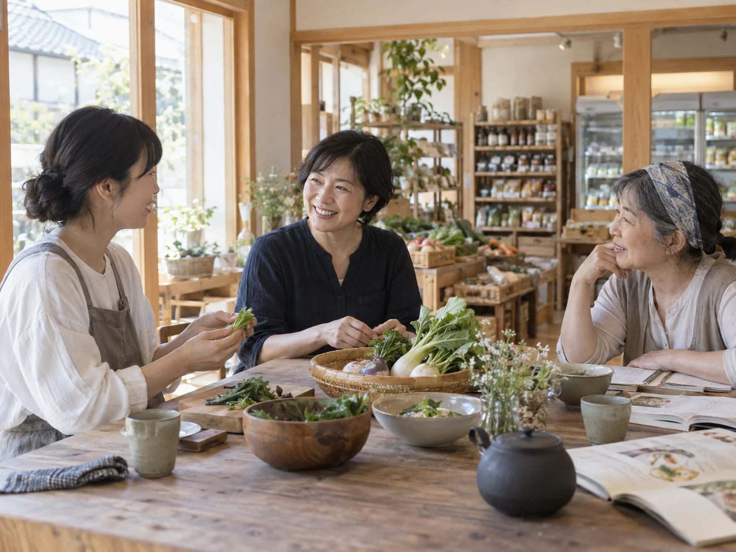 架空の食料品店で料理について話す日本人女性たち